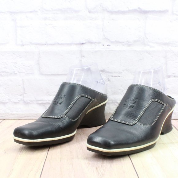 Timberland Black Leather Slip On Wedge Mules Clogs Shoes Size 9 Medium - Picture 2 of 10